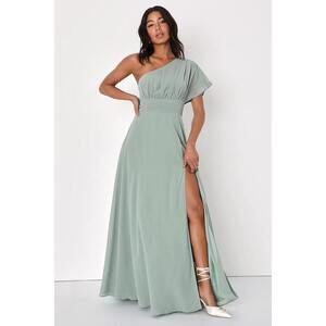 Lulus Cultivated Charm Sage Brush One-shoulder Maxi Dress Green - Size XS
